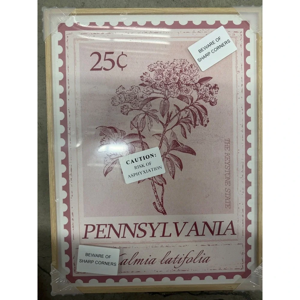 Pennsylvania State Stamp Wall Art Kalmia Latifolia Flower Framed Pink 12x16